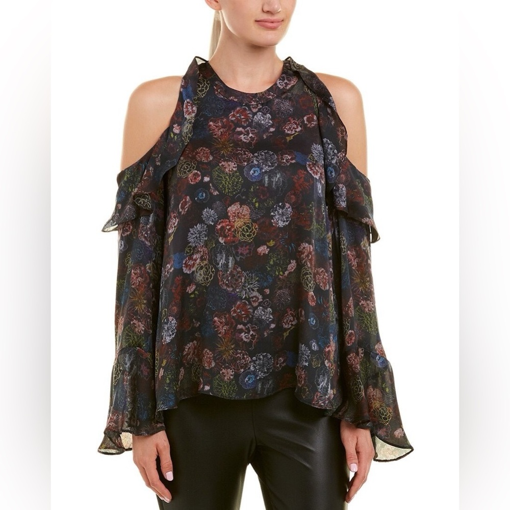 IRO 100% Silk Ciclan Black Floral Cold Shoulder Bell Sleeve Blouse